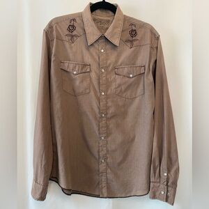 Vintage Hurley Men's Brown Pearl Snap Rockabilly Western Shirt MD Embroidery